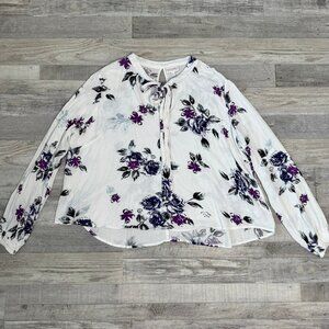Shyanne white floral long sleeve tie front blouse size XL E12